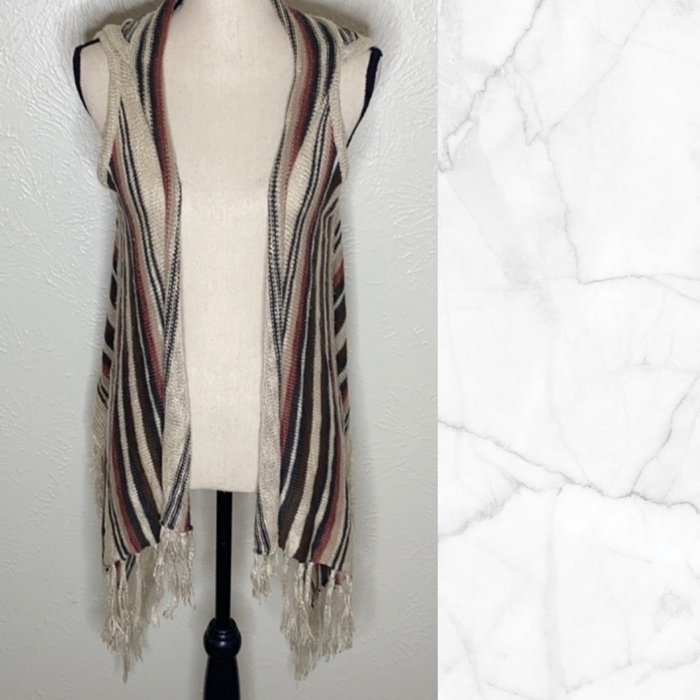 Striped Large Sleeveless Open Front Cardigan